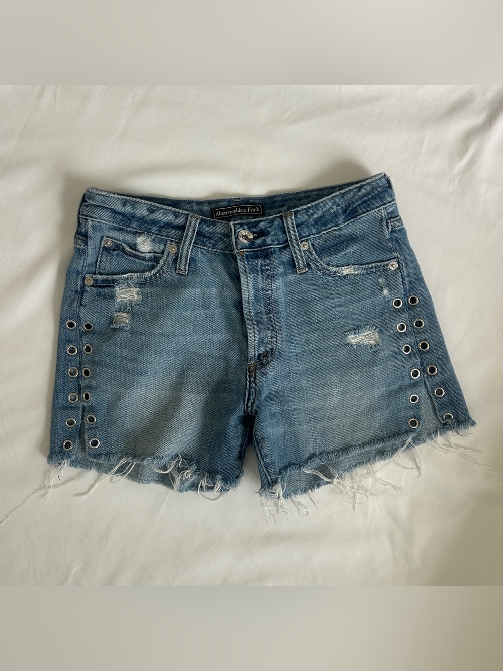 Abercrombie & Fitch Medium Wash Distressed Denim Shorts with Grommet Trim